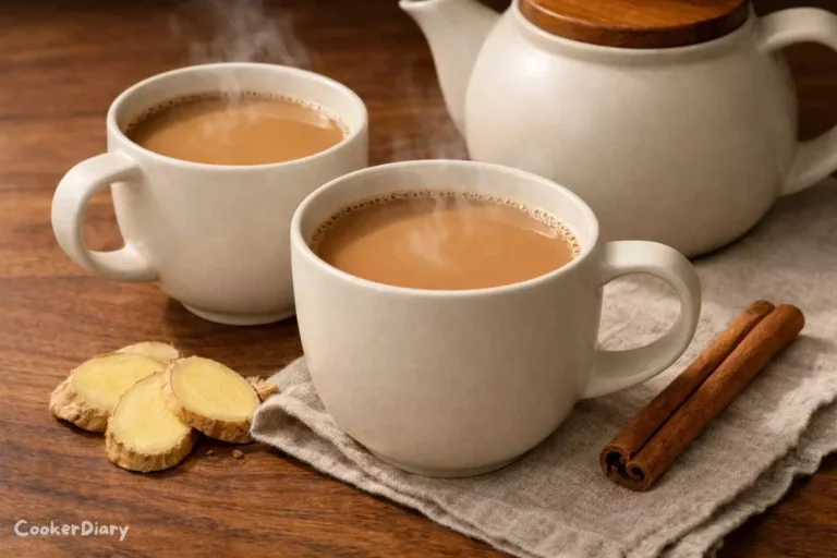 Angled close-up of creamy African milk tea in ivory cups with spices and wooden kitchen background.