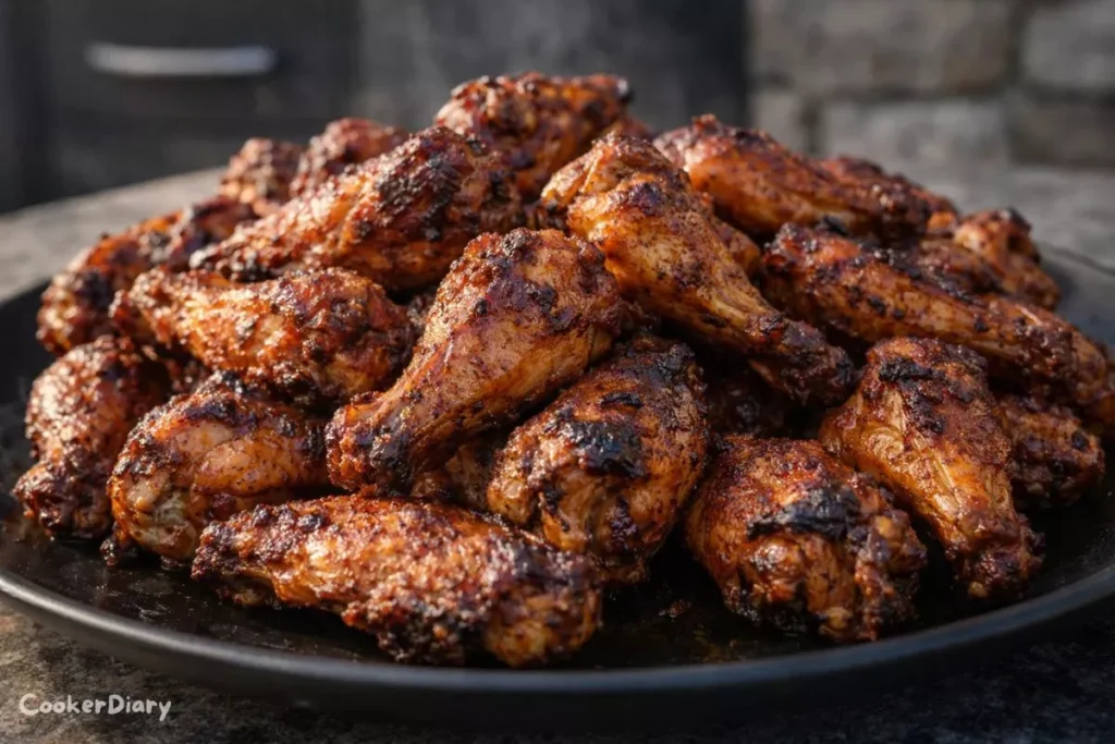 Side-angle view of crispy smoked chicken wings