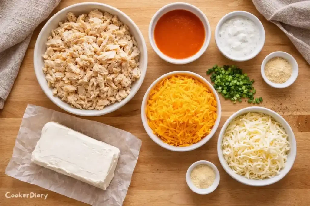 Flat lay of ingredients for buffalo chicken dip including chicken, cheeses, buffalo sauce, dressing, and spices.