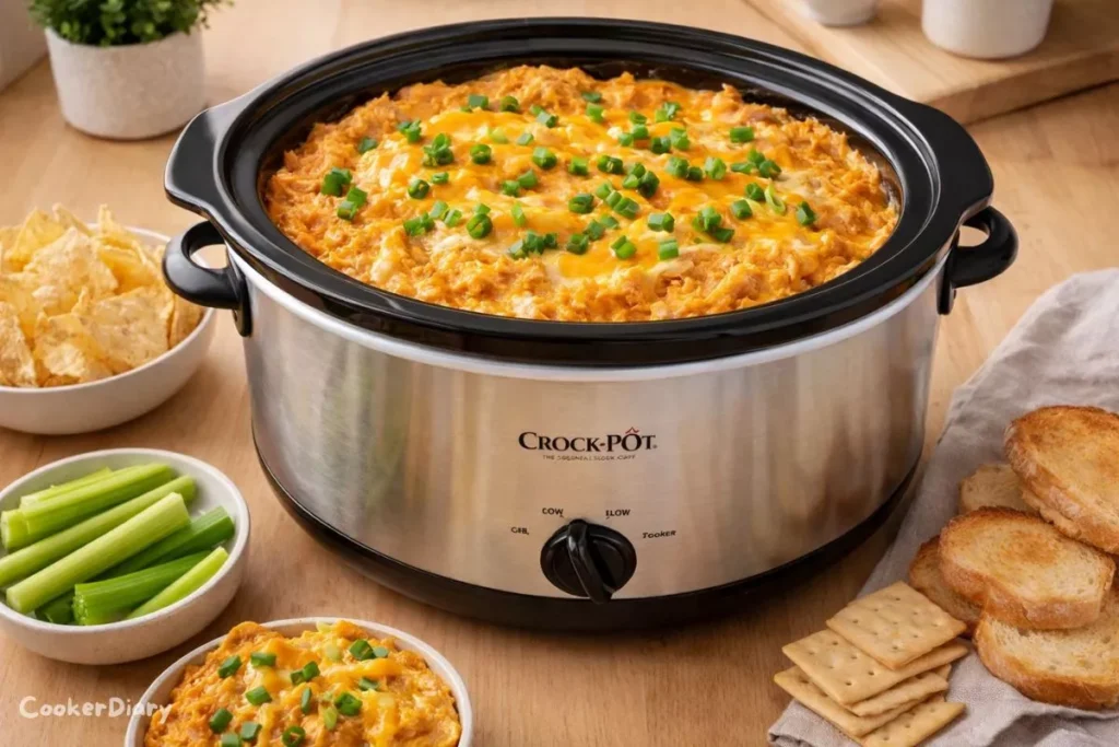 Top-down view of crockpot buffalo chicken dip with melted cheese and green onions served with chips, celery, crackers, and toast.