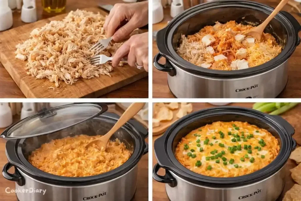 Four-step composite showing shredding chicken, mixing dip ingredients, slow cooking, and serving buffalo chicken dip.