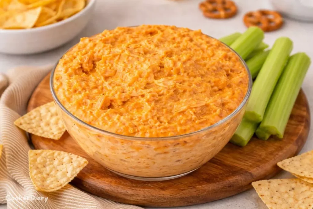 Angled close-up of crockpot buffalo chicken dip showing melted cheese stretch and creamy texture.