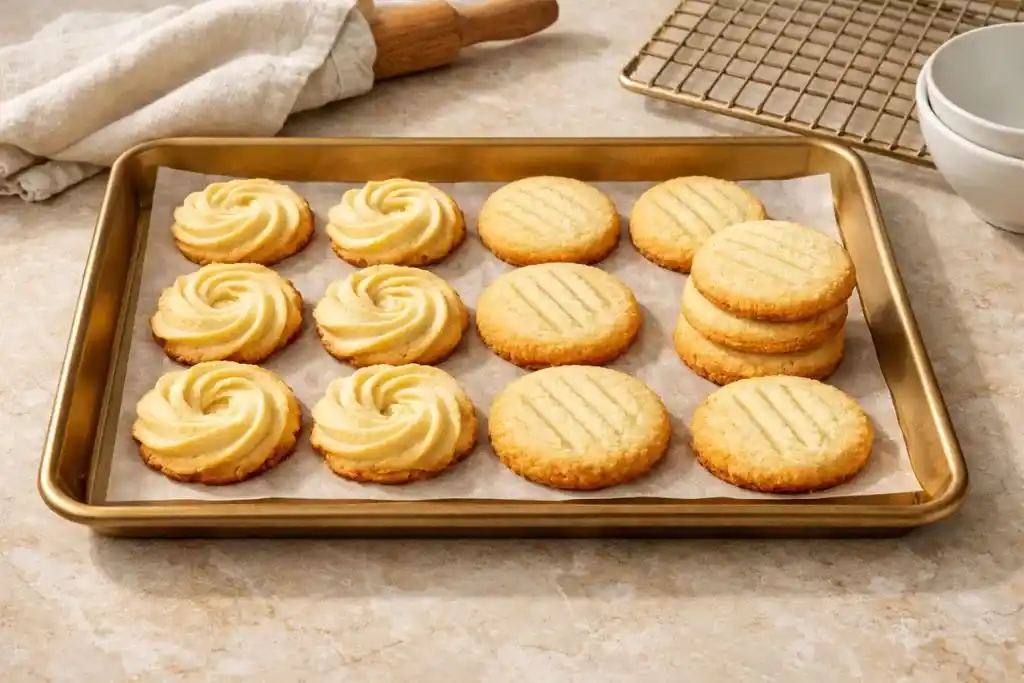 Top-down view of classic soft butter cookies on gold baking tray.