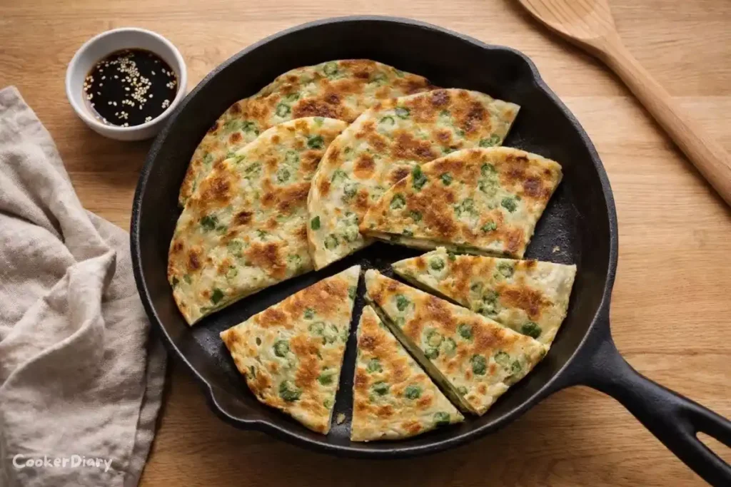 Top-down view of crispy homemade green onion pancakes in a cast iron skillet with dipping sauce.