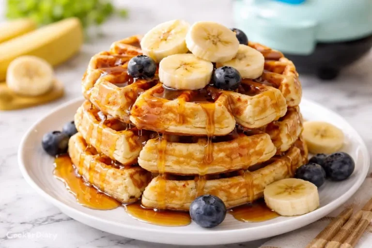 Angled close-up view of stacked banana waffles with syrup dripping down layers.