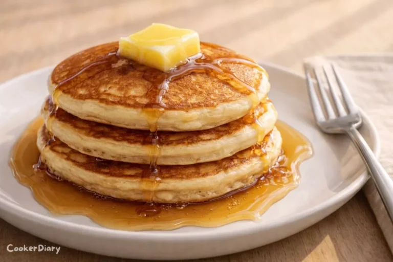 Side view of a stack of fluffy Bisquick pancakes with butter and maple syrup on a white plate.