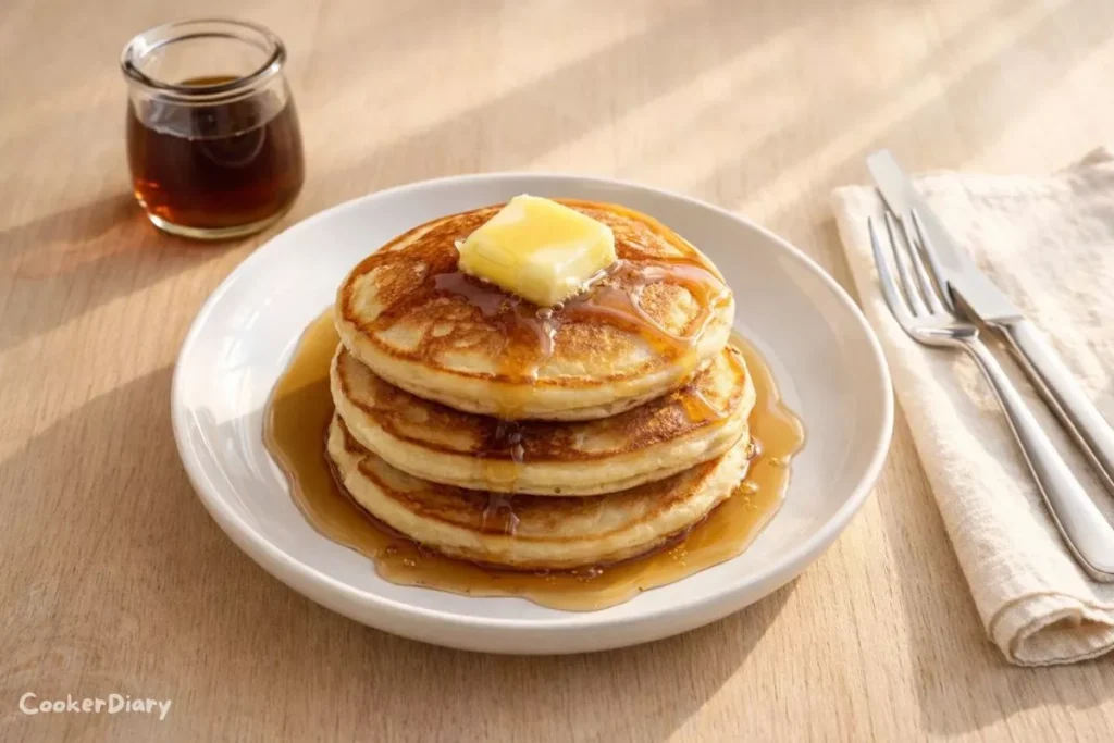 Top-down view of fluffy Bisquick pancakes on a white plate, topped with butter and maple syrup, set on a wooden table with a fork and napkin.