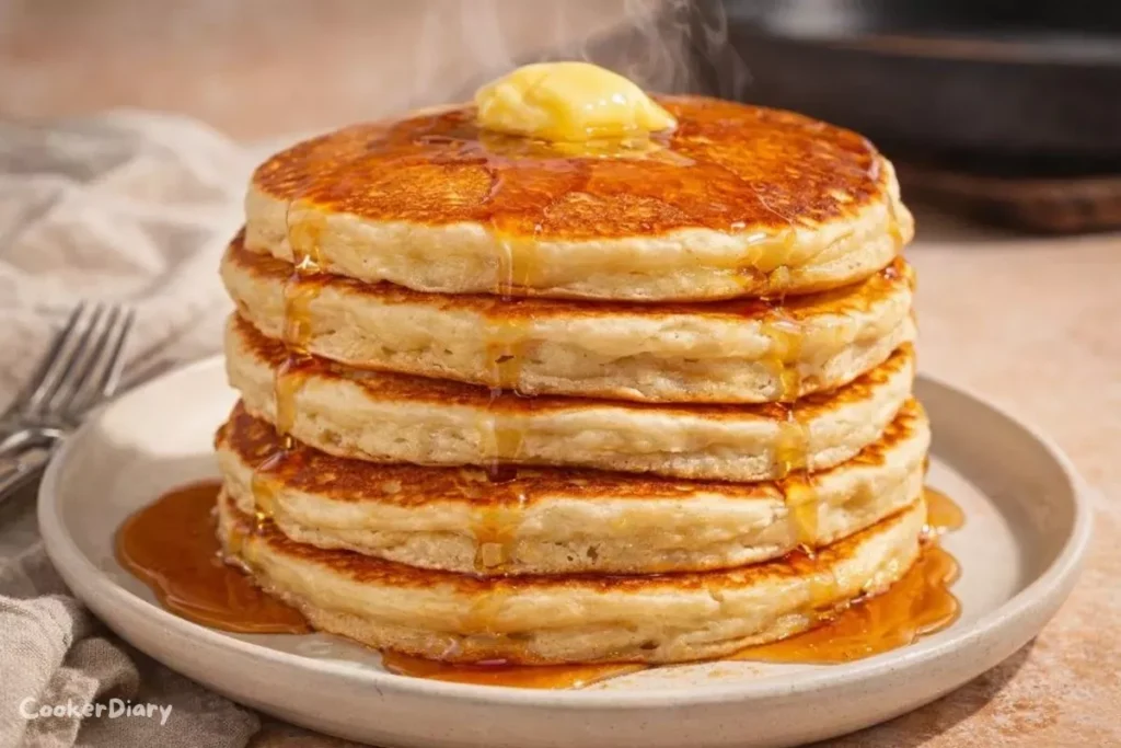 Side view of fluffy IHOP-style pancakes with butter and syrup.
