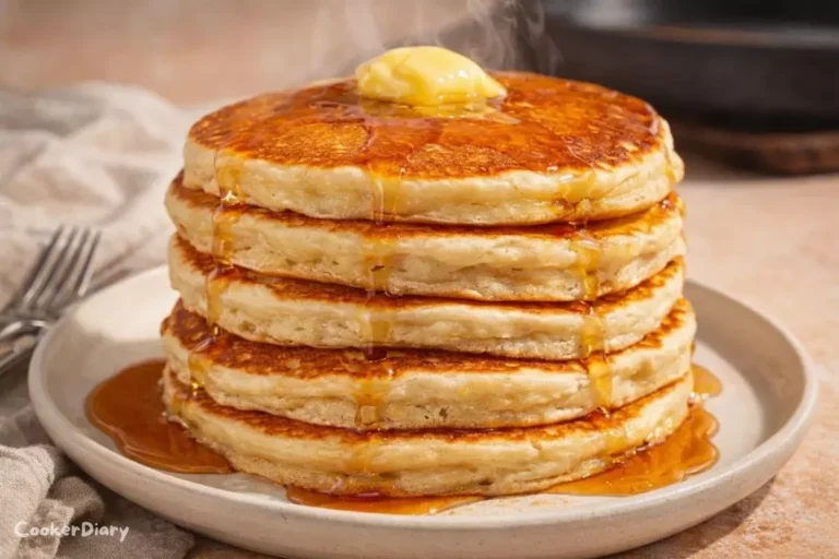 Side view of fluffy IHOP-style pancakes with butter and syrup.