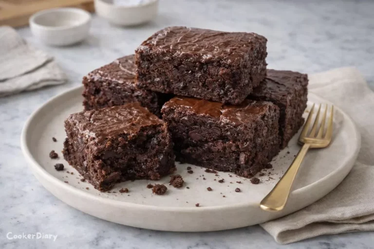 Angled close-up of stacked sweet potato brownies showing moist fudgy interior and melted chocolate chips.