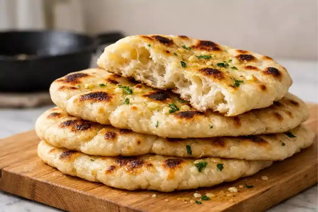 Angled close-up of torn gluten free naan showing soft interior.