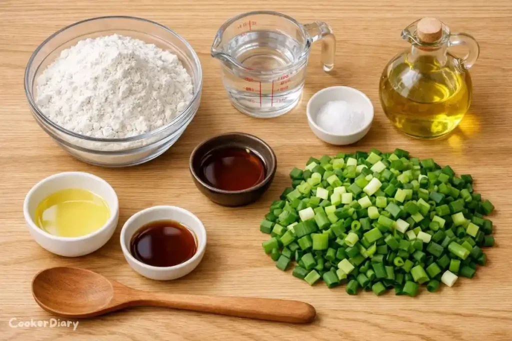 Flat lay of flour, green onions, oils, salt, and water for green onion pancakes.