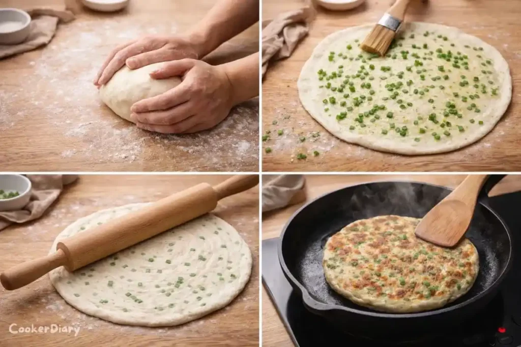 Four-step collage showing kneading, layering, shaping, and frying the pancakes.