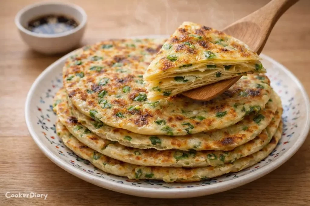 Angled close-up of layered green onion pancakes showing flaky interior.