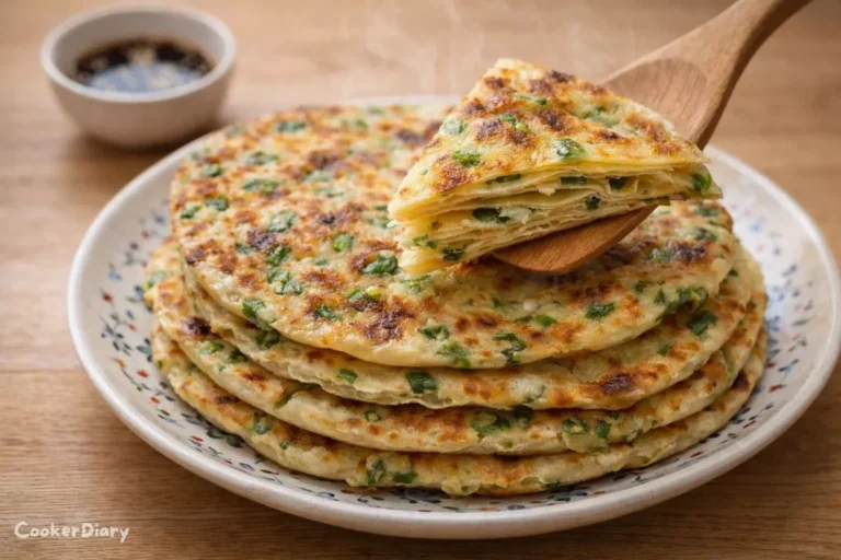Angled close-up of layered green onion pancakes showing flaky interior.