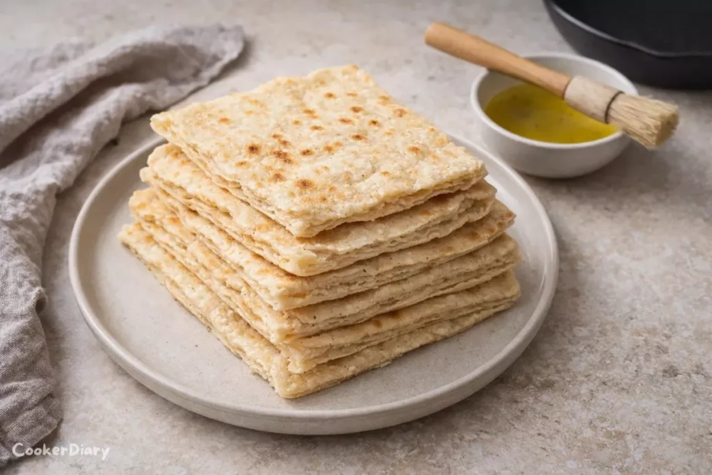 Fresh homemade almond flour flatbreads stacked on a ceramic plate with olive oil and skillet on marble counter