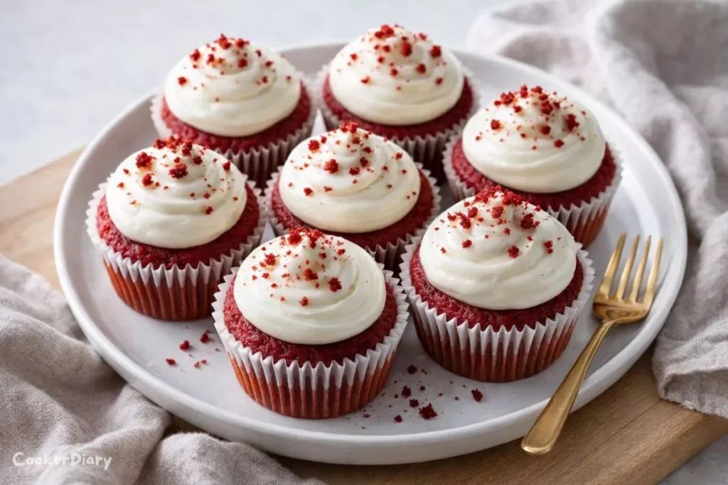 Top-down view of six homemade red velvet cupcakes with cream cheese frosting on a white plate, with soft natural lighting and neutral kitchen props.