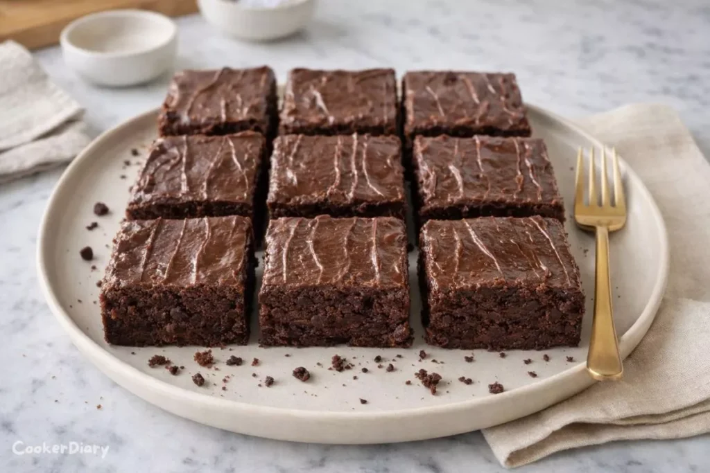 Top-down view of fudgy sweet potato brownies with melted chocolate chips on a beige plate.