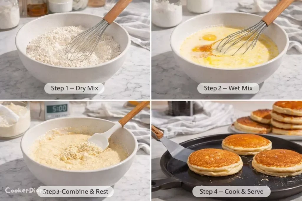Four-step IHOP Pancake Recipe process from mixing to cooking.