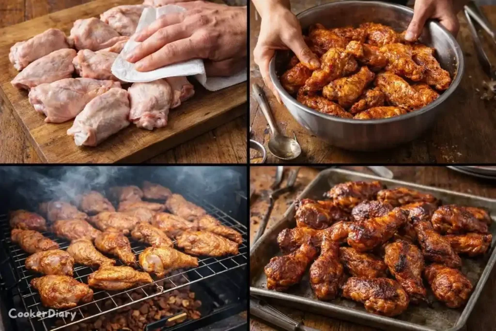 Step-by-step process of smoking chicken wings