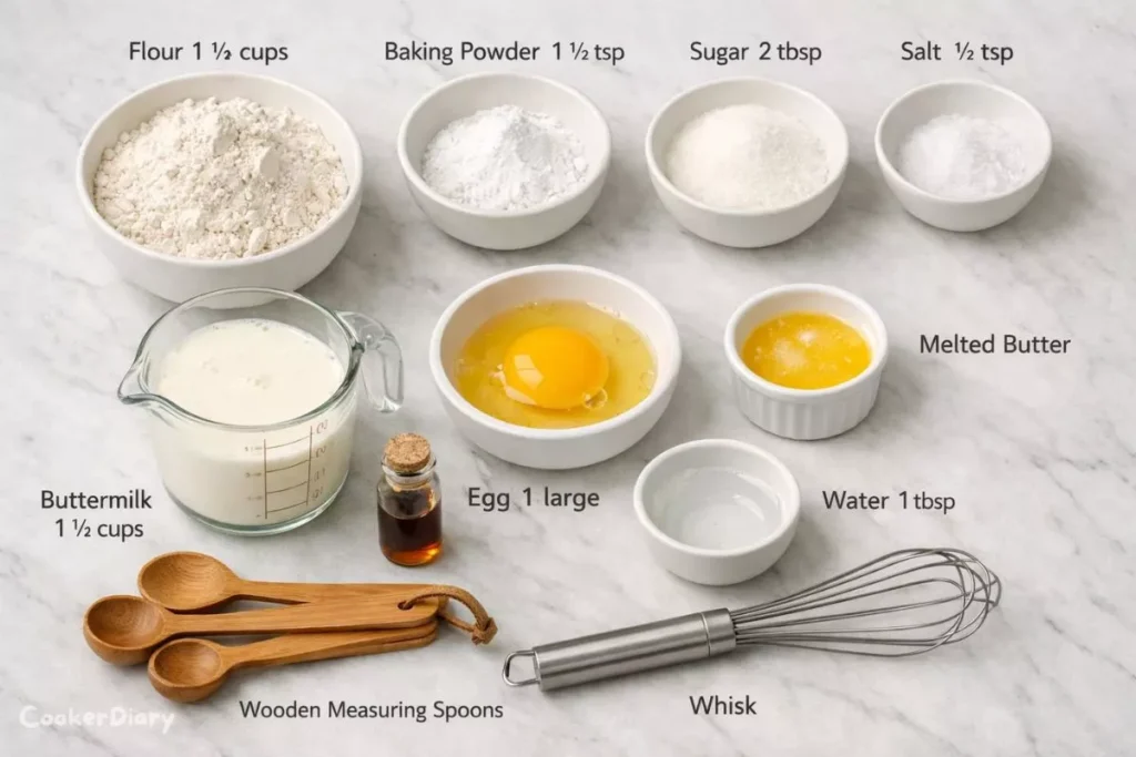 Flat lay of IHOP Pancake Recipe ingredients including flour, buttermilk, egg, butter, and vanilla.