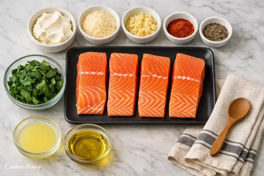 Flat lay of raw ingredients including salmon fillets, spinach, cream cheese, garlic, and seasonings.