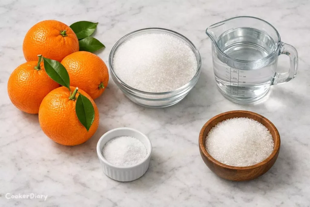 Flat-lay arrangement of oranges, sugar, salt, and water for candied orange peel recipe.