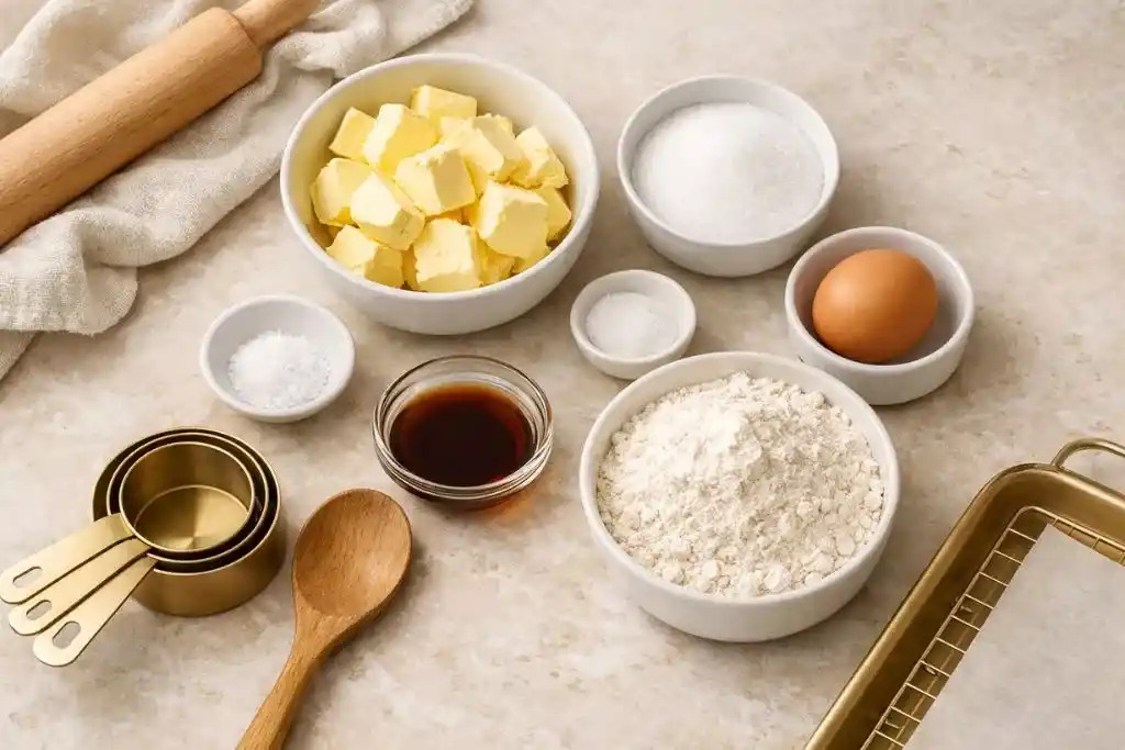 Flat-lay of butter, sugar, egg, flour, vanilla, and salt for cookies.