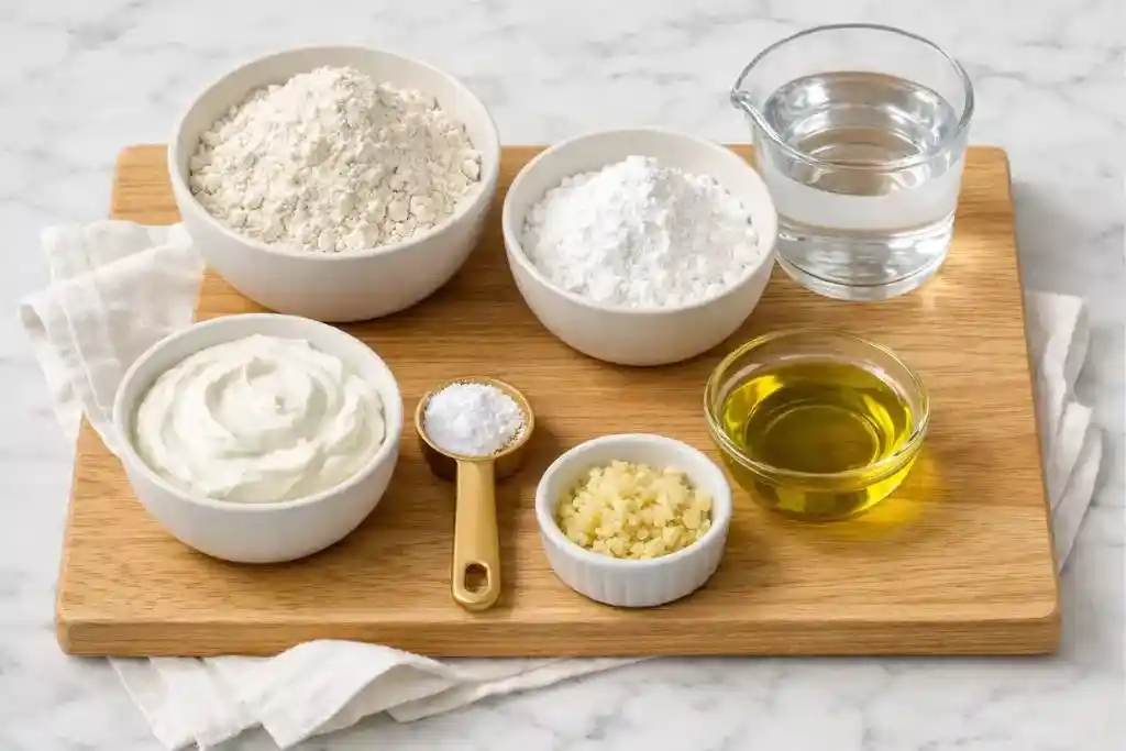 Flat lay of gluten free naan ingredients including flour, yogurt, and olive oil.
