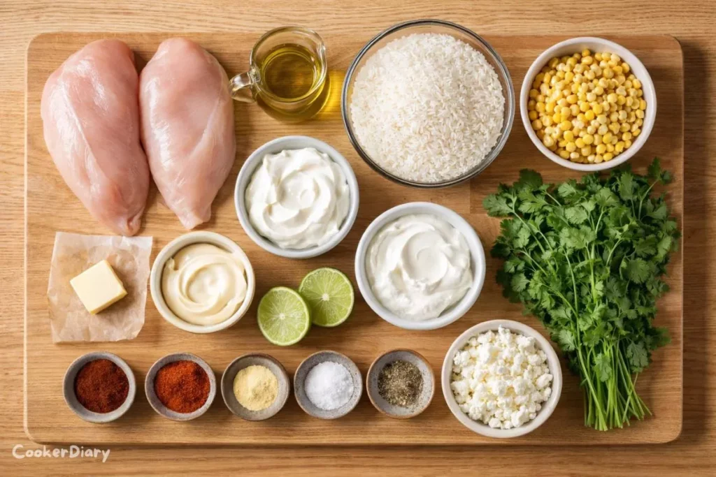 Raw ingredients for street corn chicken rice bowl arranged on a wooden surface.