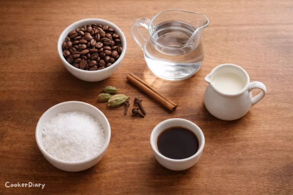 Flat-lay of African Arabica coffee beans, cardamom, cloves, cinnamon stick, water, milk, and sugar on a wooden surface.