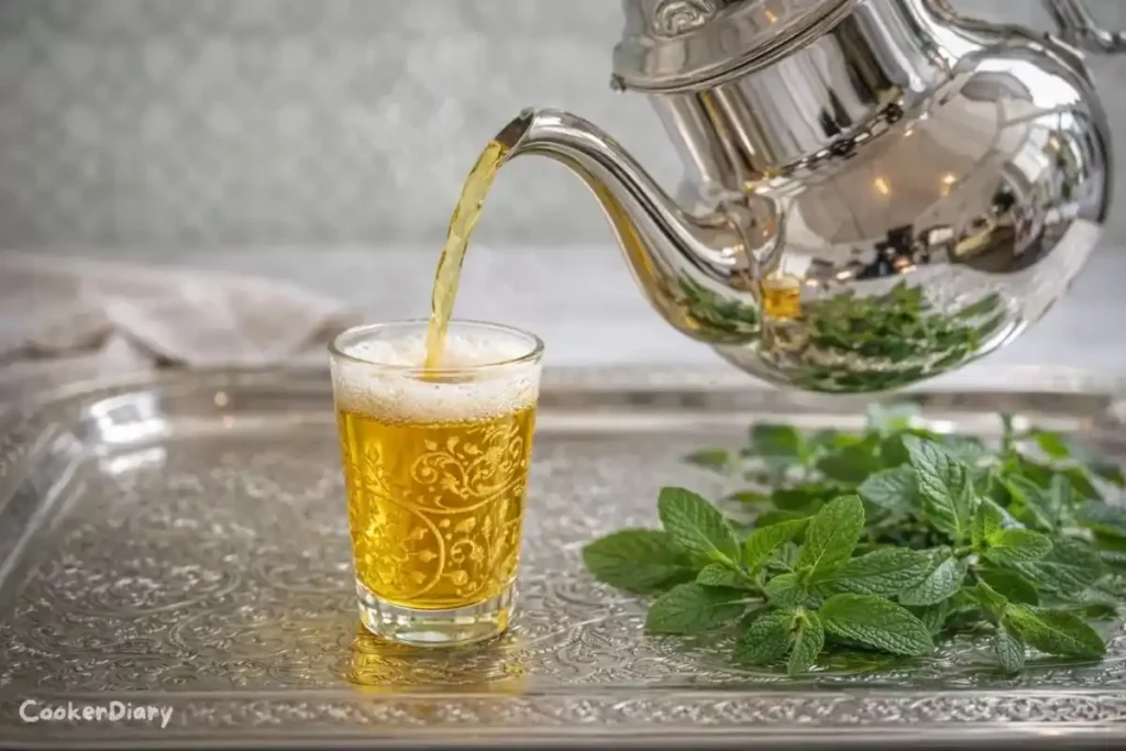 Side-angle close-up of Moroccan mint tea being poured into glass creating foam.