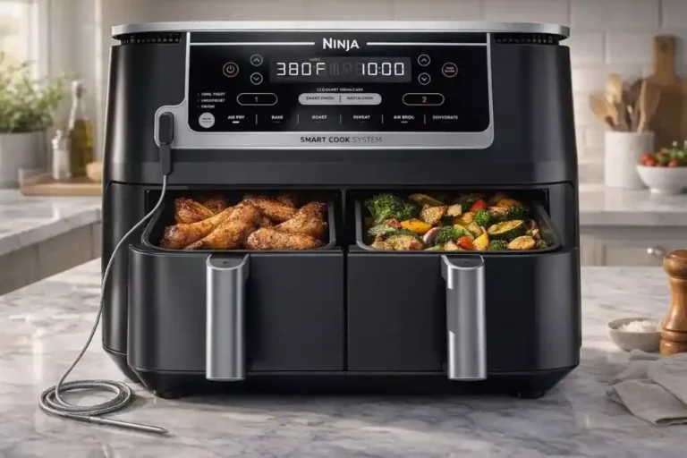 Ninja DZ550 Foodi 10 Quart DualZone Air Fryer cooking chicken wings and vegetables