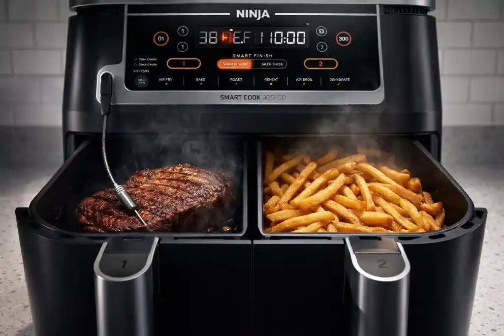Ninja DZ550 Foodi dual baskets cooking steak and fries simultaneously