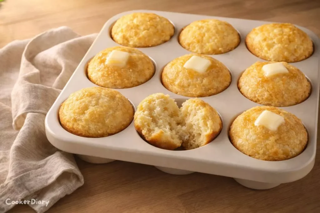Top-down view of golden homemade Old-Fashioned Albers corn muffins in a cream ceramic muffin tray with melting butter.