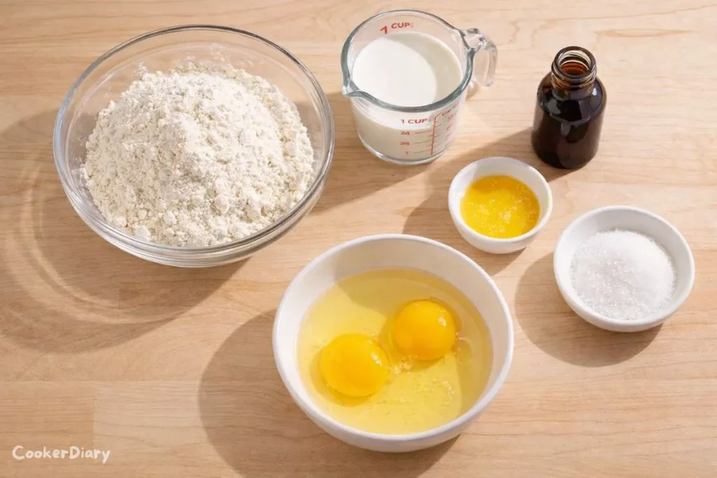 Flat-lay of raw ingredients for Bisquick pancakes including Bisquick mix, milk, eggs, butter, vanilla, and sugar on a wooden countertop.