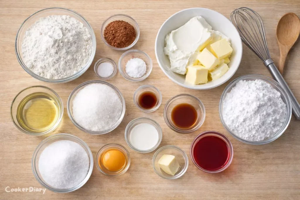 Flat-lay of all raw ingredients for red velvet cupcakes and cream cheese frosting on a light wooden countertop.
