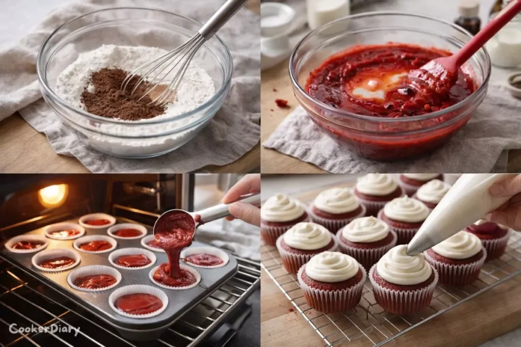 Four-step composite showing preparation, mixing, baking, and frosting of homemade red velvet cupcakes.