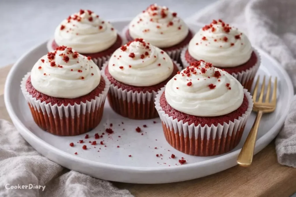 Angled close-up of red velvet cupcakes highlighting frosting swirls and moist cake layers on a white plate.