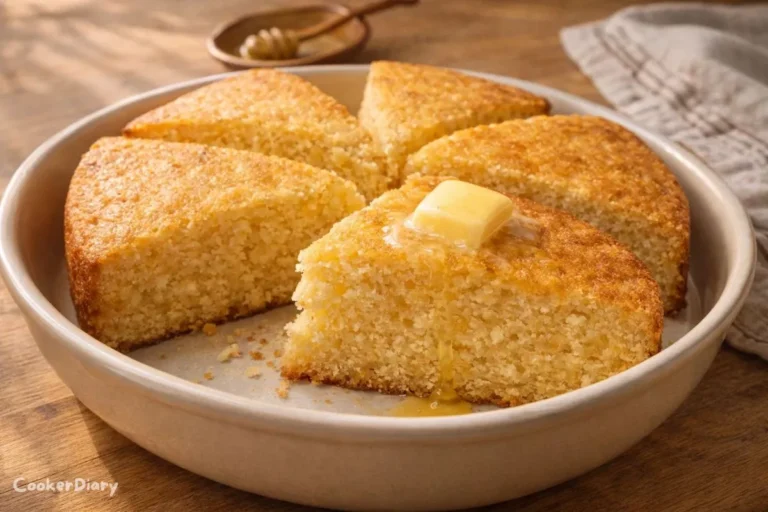 Angled close-up of sliced cornbread in cast-iron skillet with melting butter.