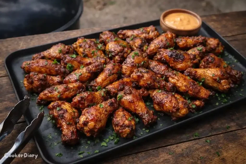 Smoked chicken wings with crispy golden skin served on a rustic tray
