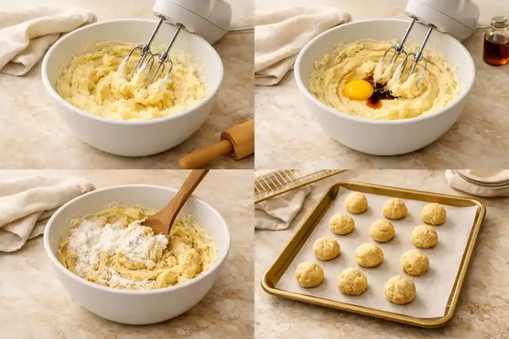 Four-step collage showing mixing, combining, shaping butter cookie dough.