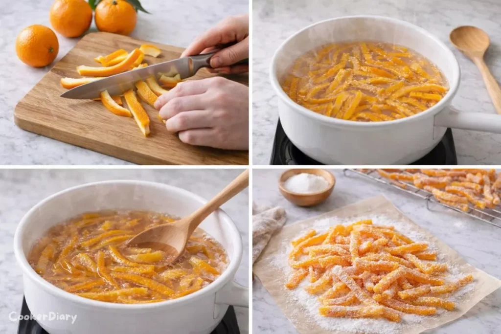 Four-step visual process of preparing the recipe from slicing to sugar coating.