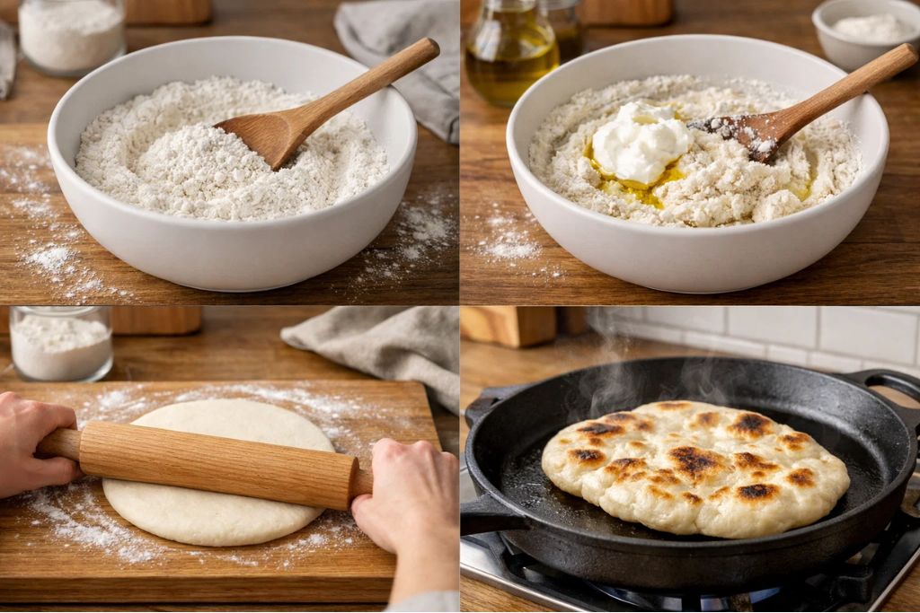 Four-step collage showing mixing, rolling, and cooking naan.