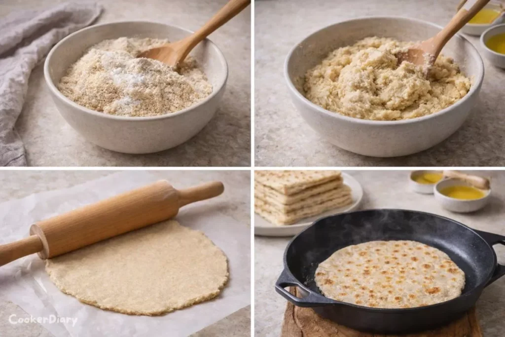 Four-step visual guide showing mixing, kneading, rolling, and cooking almond flour flatbread