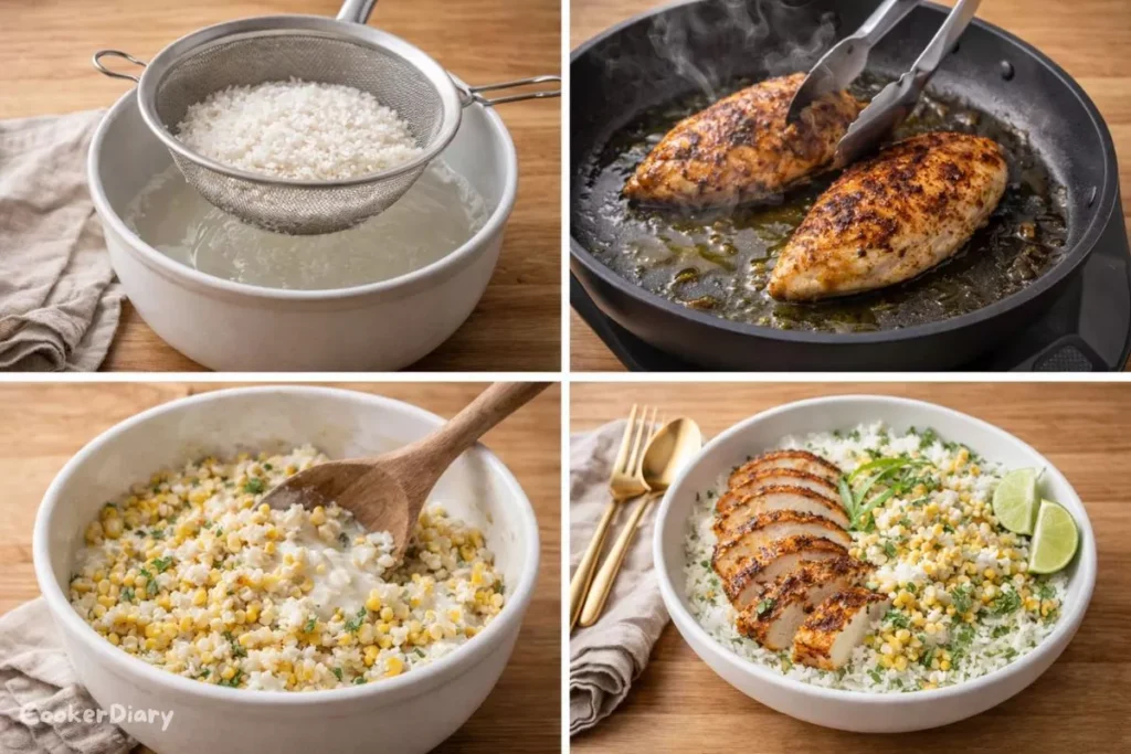 Four-step collage showing rice cooking, chicken cooking, corn topping preparation, and final rice bowl assembly.