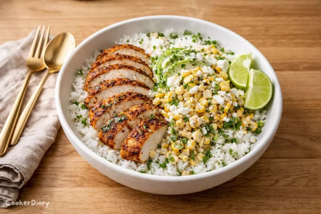 Street corn chicken rice bowl with sliced chicken, creamy corn topping, rice, cilantro, and lime wedges in a white bowl.