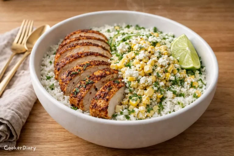 Angled close-up of street corn chicken rice bowl showing layers of rice, chicken, and creamy corn topping.
