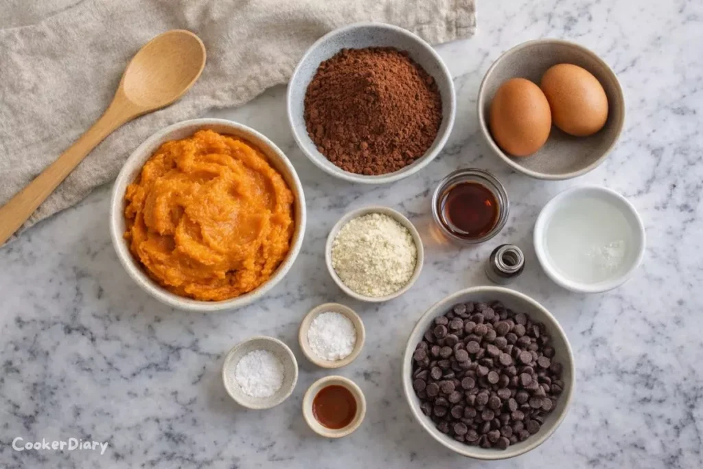 Flat lay of sweet potato brownie ingredients including cocoa powder, almond flour, maple syrup, and mashed sweet potato.