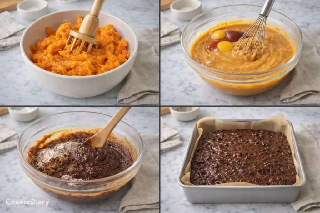 Four-step visual guide showing preparation, mixing, batter making, and baking the brownies.